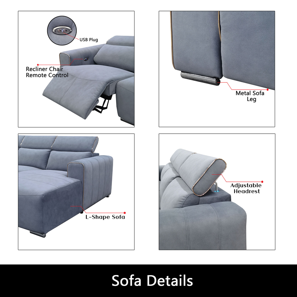 Orynth Fabric Adjustable Headrest Recliner L-Shaped Sofa by Esteller (Pet Friendly & Easy Clean)