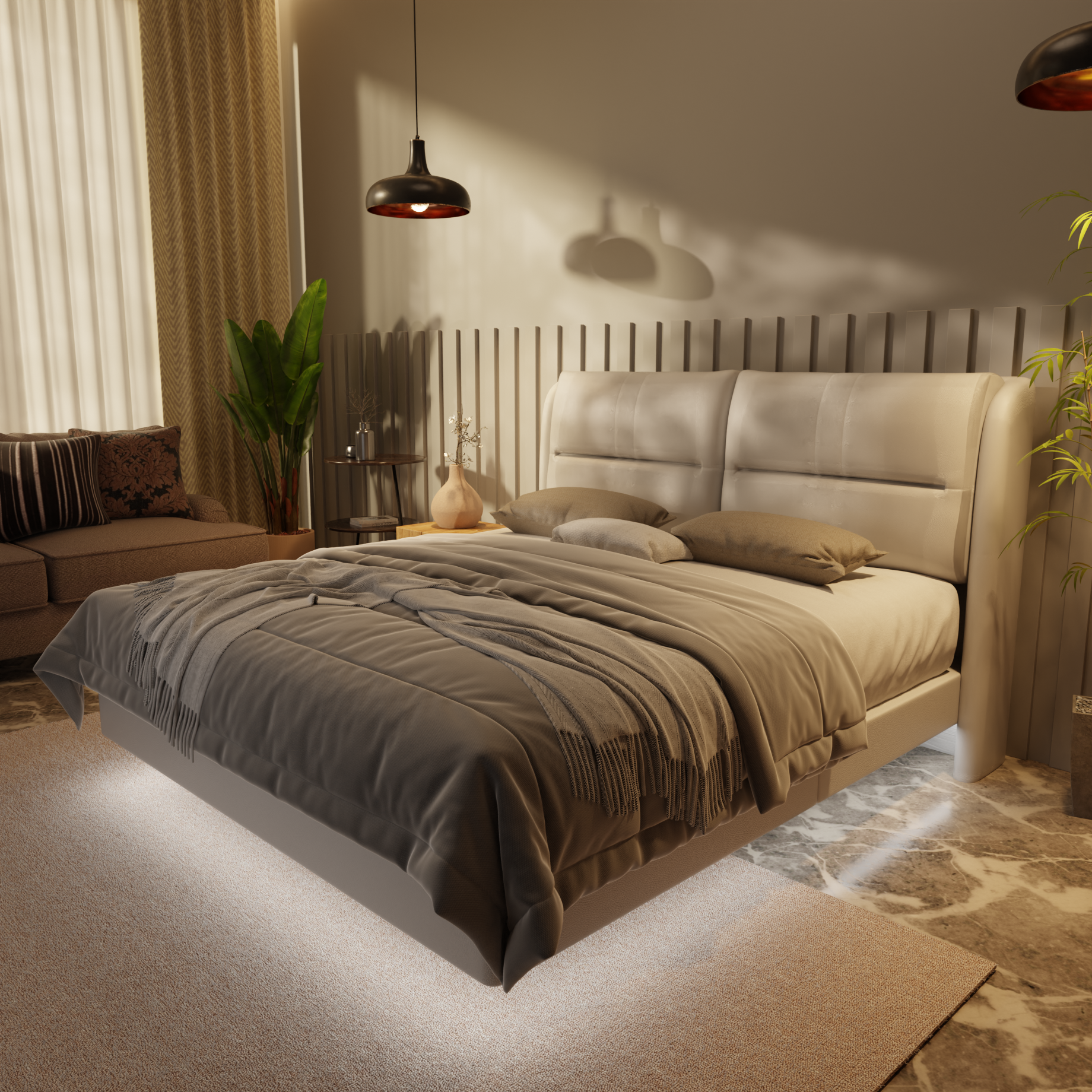 Linqe Genuine Leather Floating Bed Frame (With LED) by Esteller