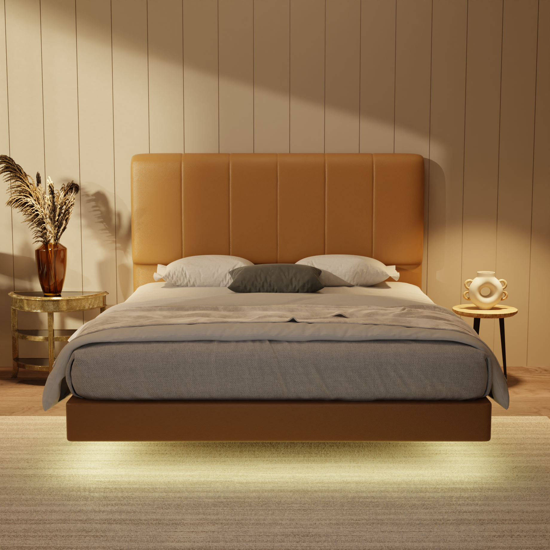 Joane Genuine Leather Floating Bed Frame (With LED) by Esteller