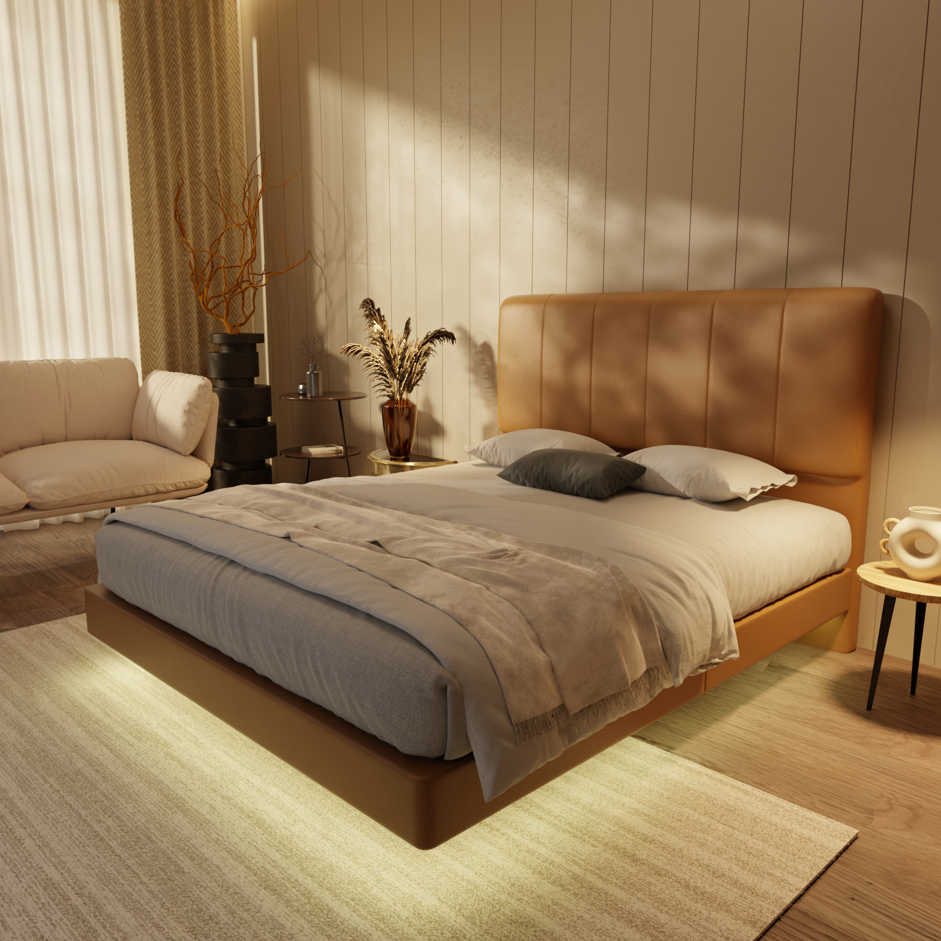 Joane Genuine Leather Floating Bed Frame (With LED) by Esteller