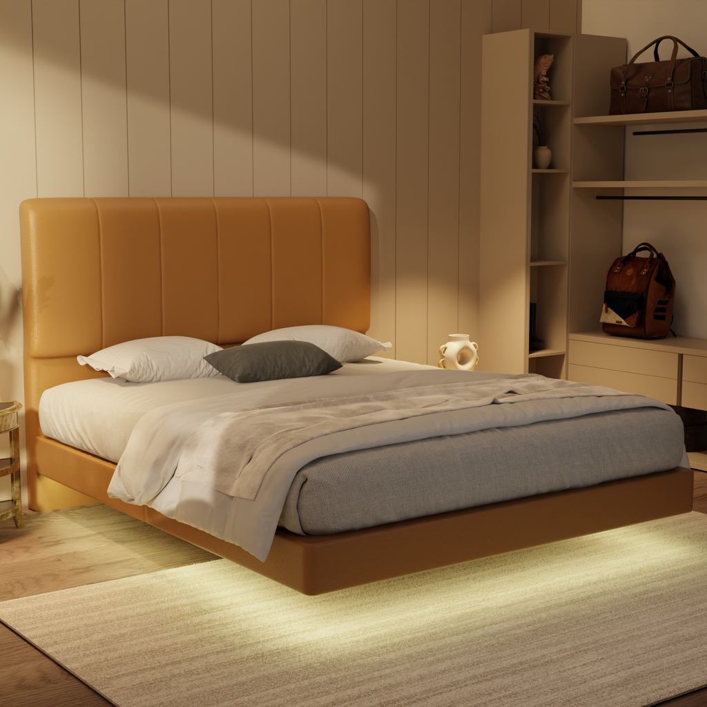 Joane Genuine Leather Floating Bed Frame (With LED) by Esteller