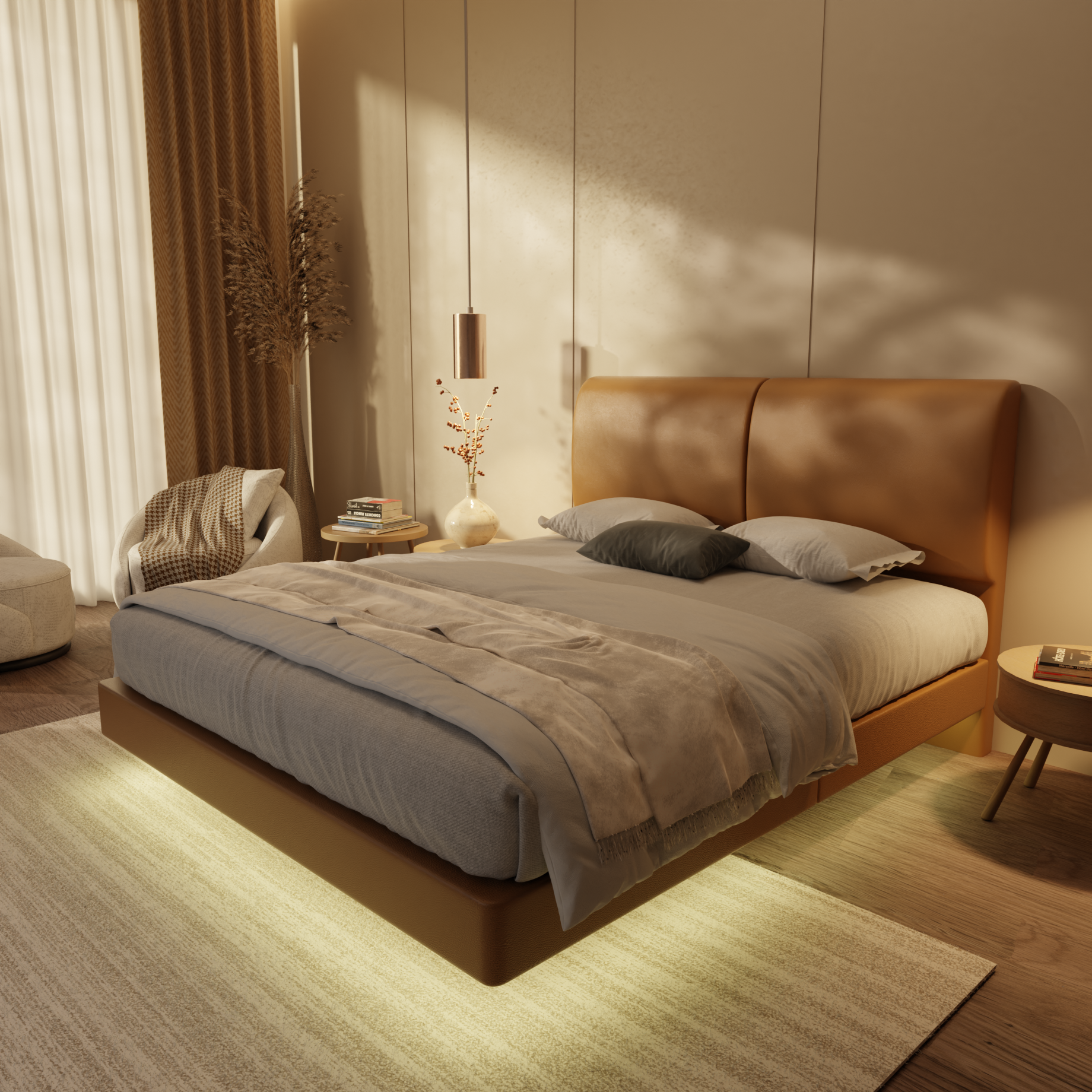 Sloane Genuine Leather Floating Bed Frame (With LED)