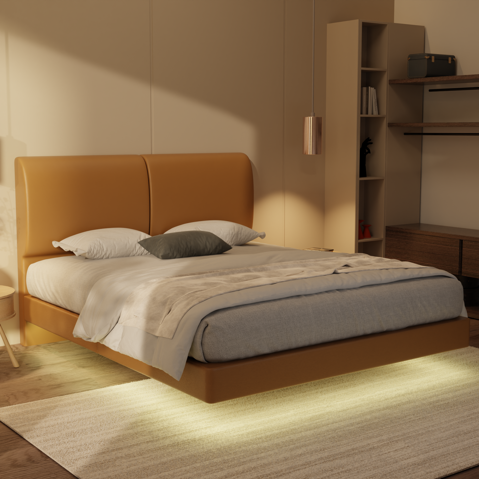 Sloane Genuine Leather Floating Bed Frame (With LED)