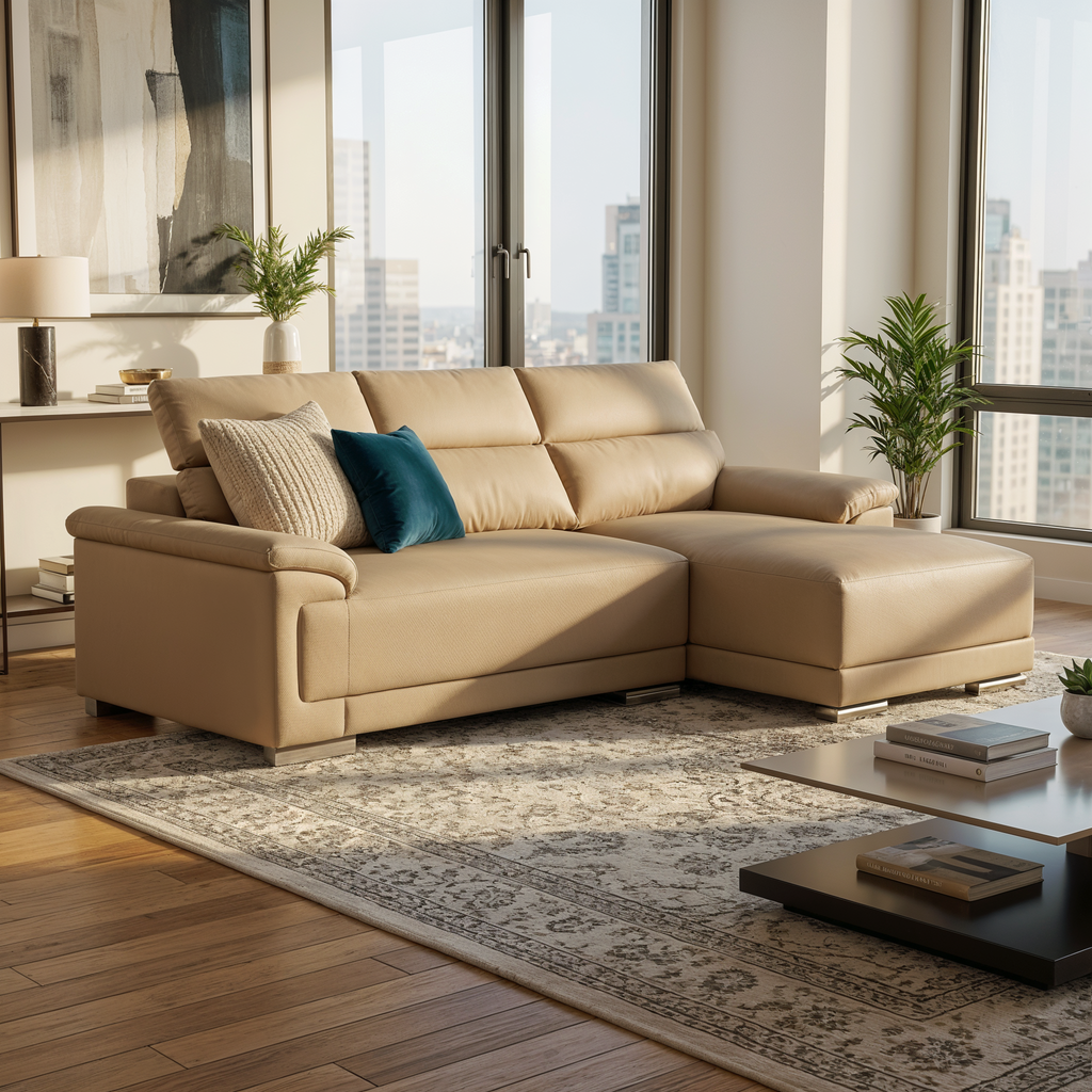 Quirra Genuine Leather Adjustable Headrest L-Shaped Sofa by Esteller