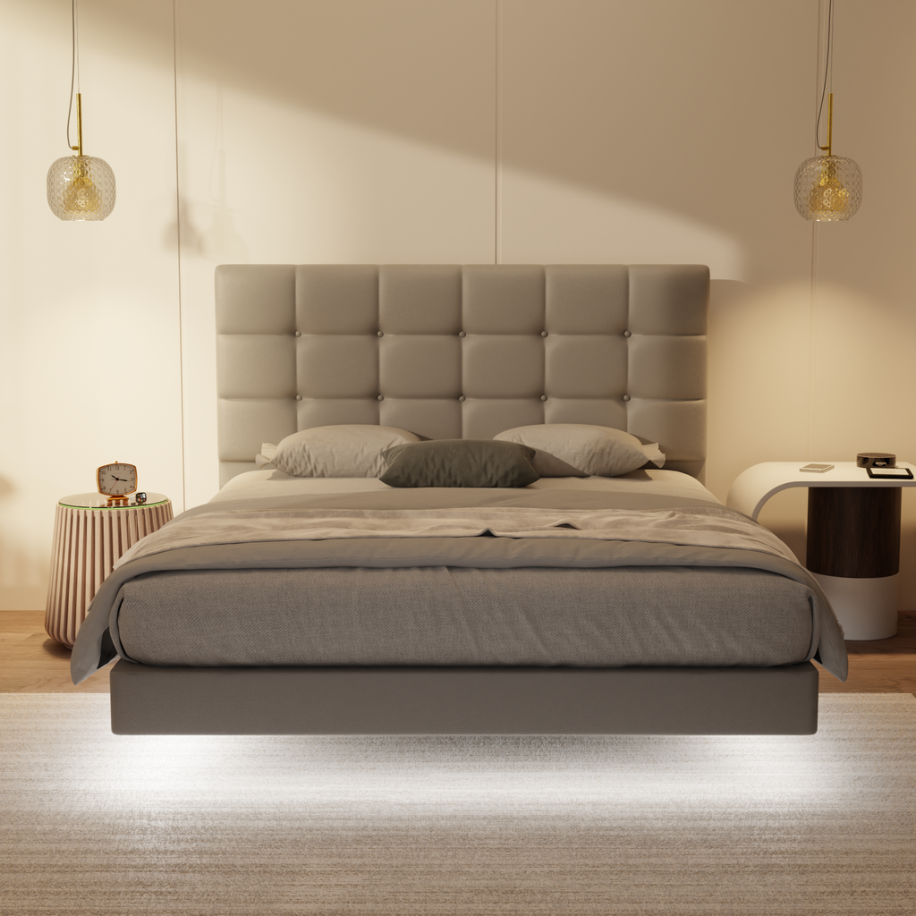 Mancine Genuine Leather Floating Bed Frame (With LED) by Esteller