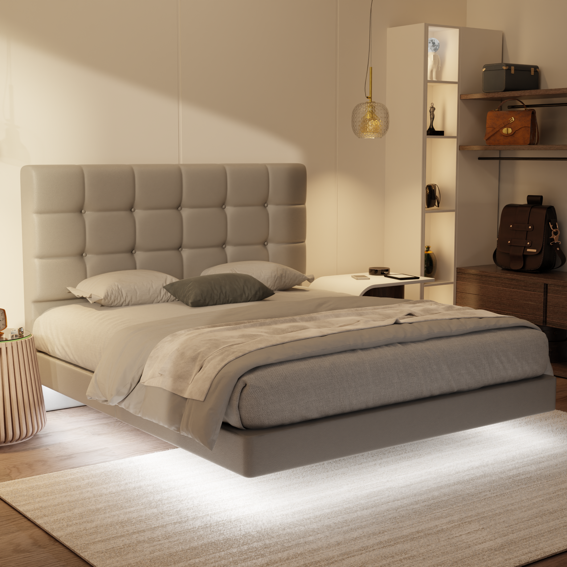 Mancine Genuine Leather Floating Bed Frame (With LED) by Esteller
