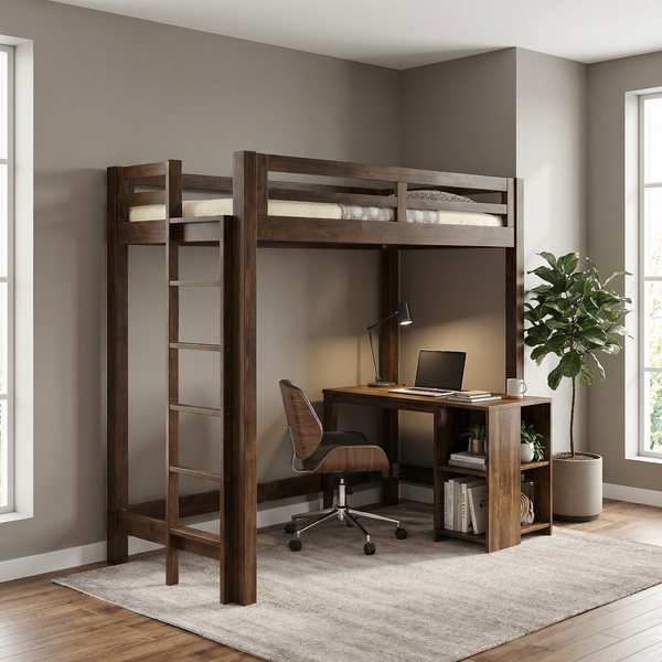 Alaire Wooden Loft Bed Frame (Dark Cherry)