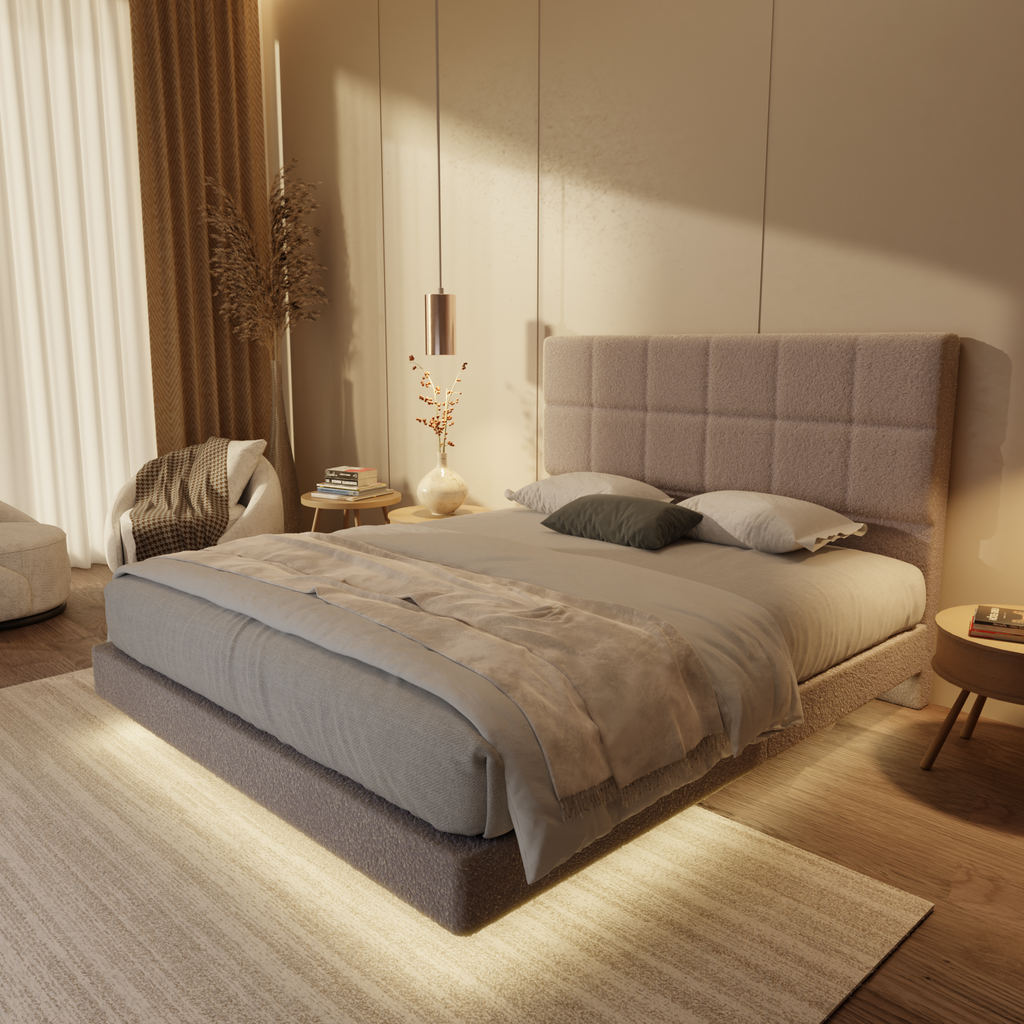 Kassie Teddy Fabric Floating Bed Frame (With LED)
