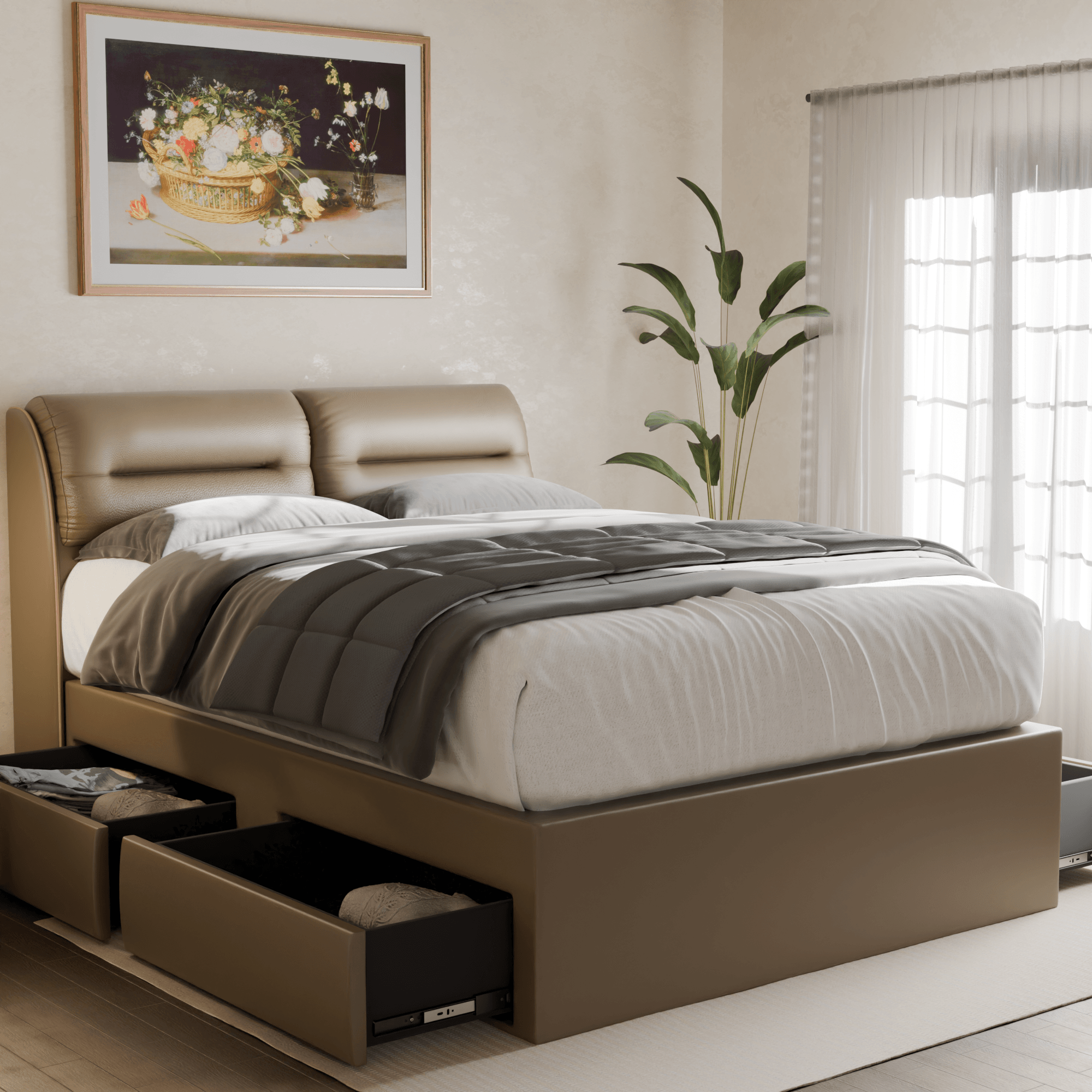 Hanubee Faux Leather Drawer Bed