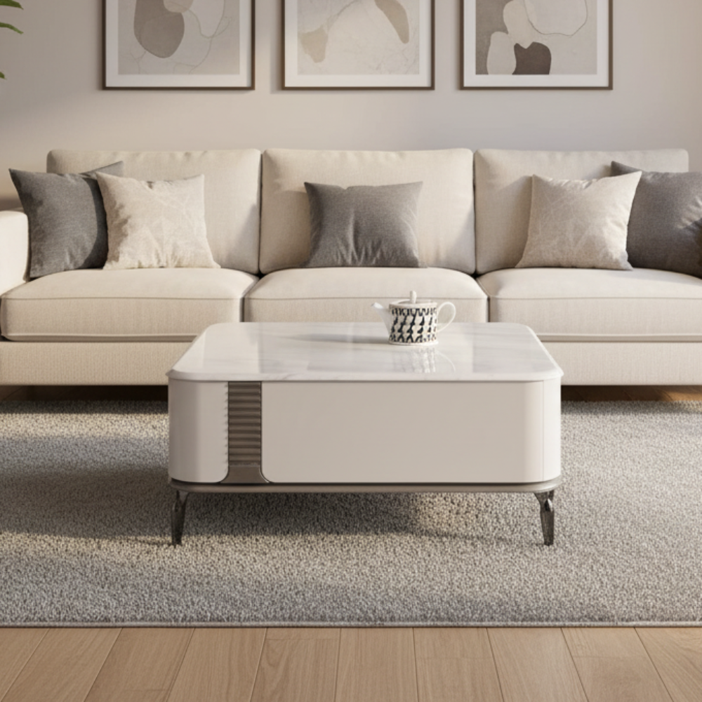 Lucille Square Coffee Table with Cultured Marble Top in White (80cm)