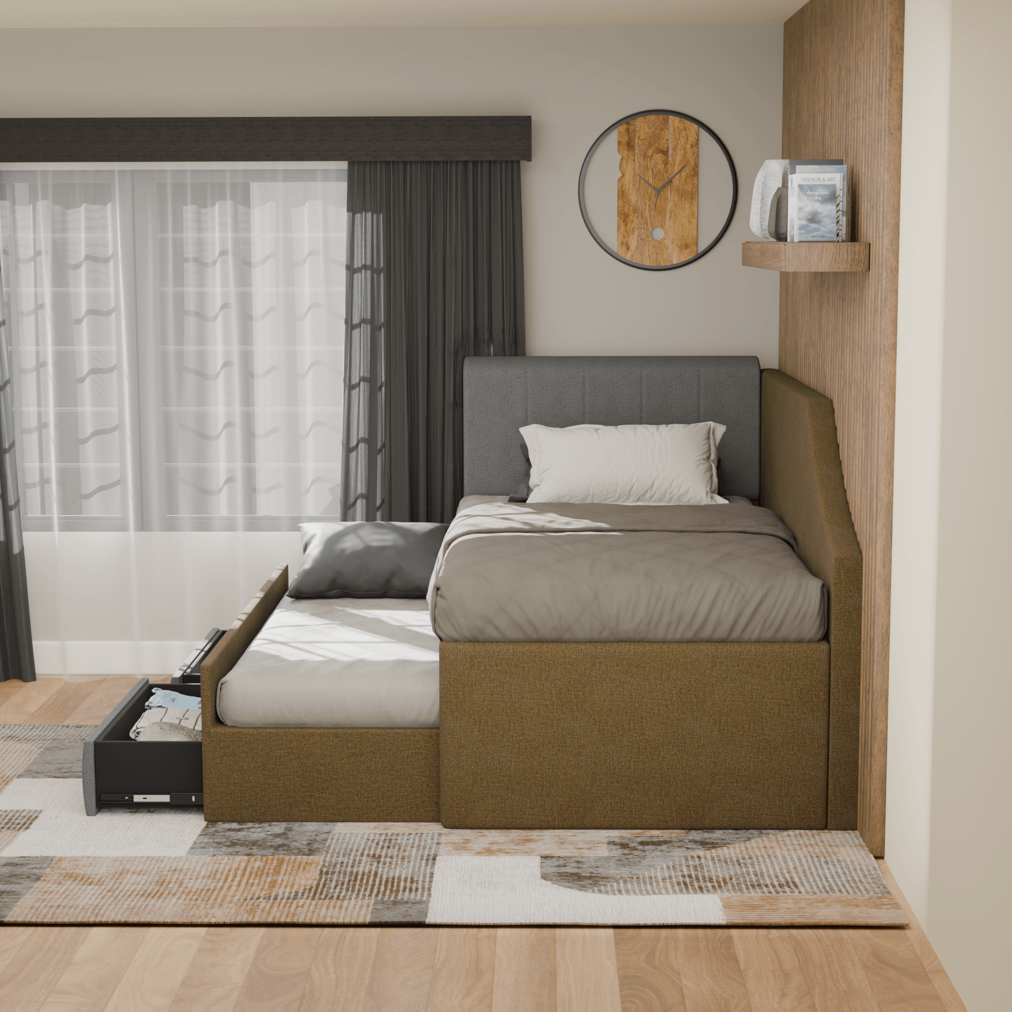 Quinslet Fabric Pull Out Bed with Drawer Storage