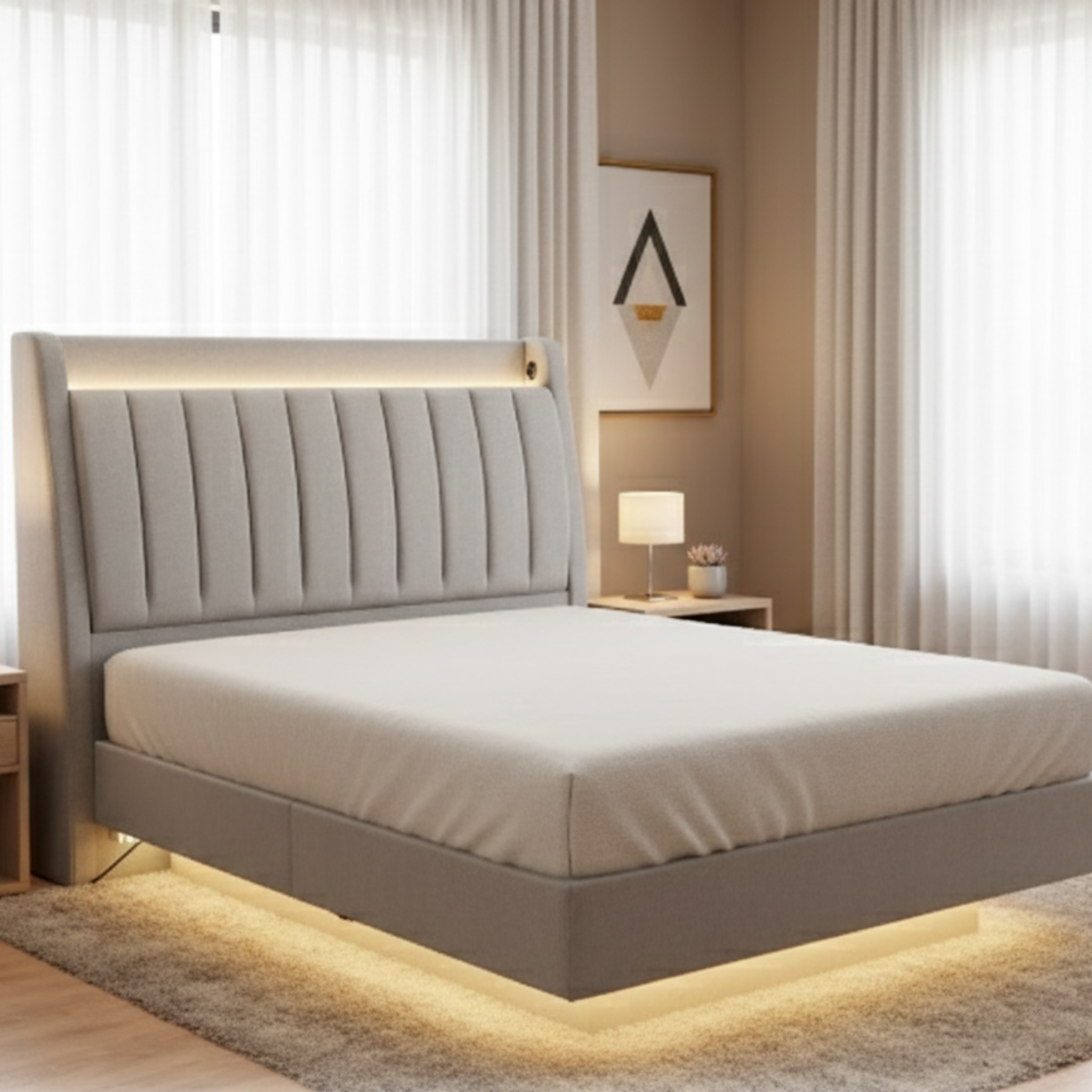 Kairos Fabric Headboard Storage Floating Bed Frame by Esteller (Pet Friendly & Easy Clean)