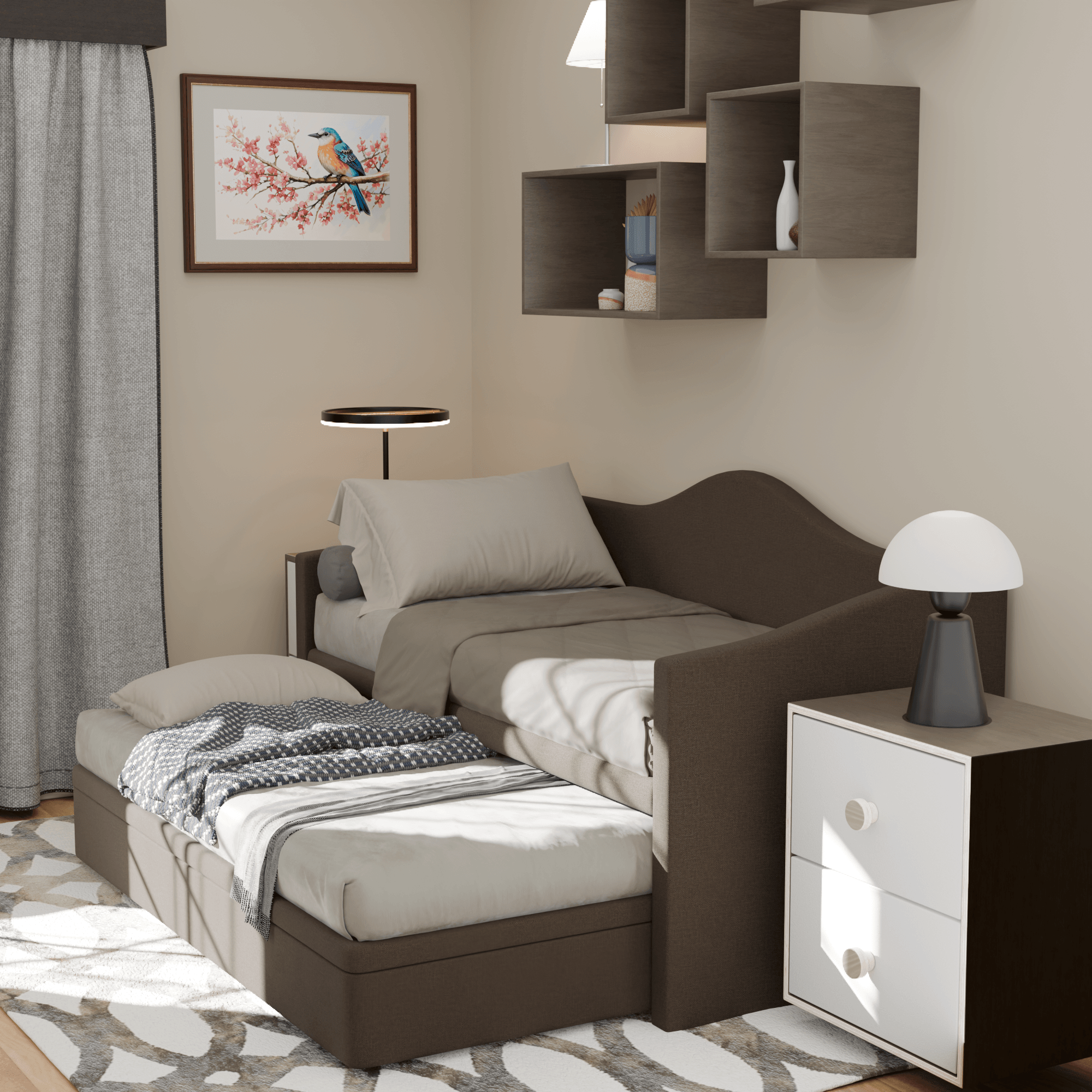 Zaxe Fabric Pull Out Bed with Storage